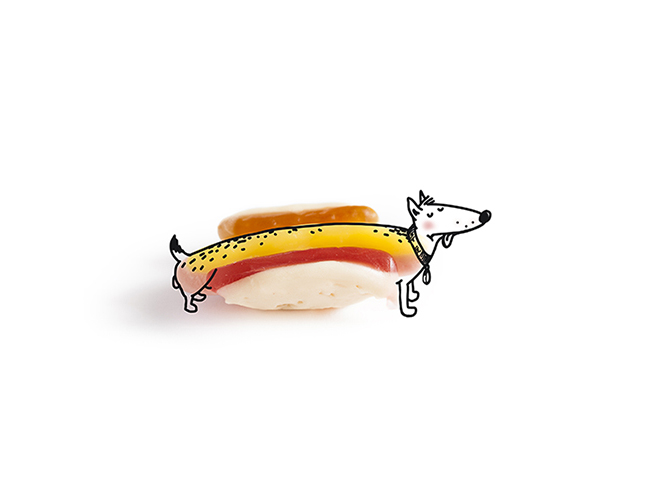 Project Gummies Photoillustration _ Dog wearing a hot dog costume